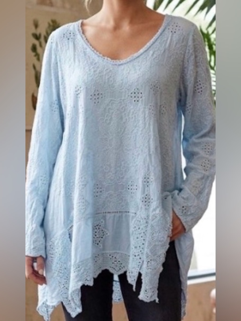 Johnny Was Light Blue Embroidered Tunic Top size  XXL